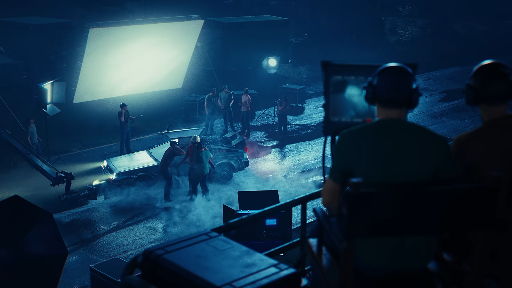 Set cinematografico con troupe e DeLorean in Stuntman Hollywood