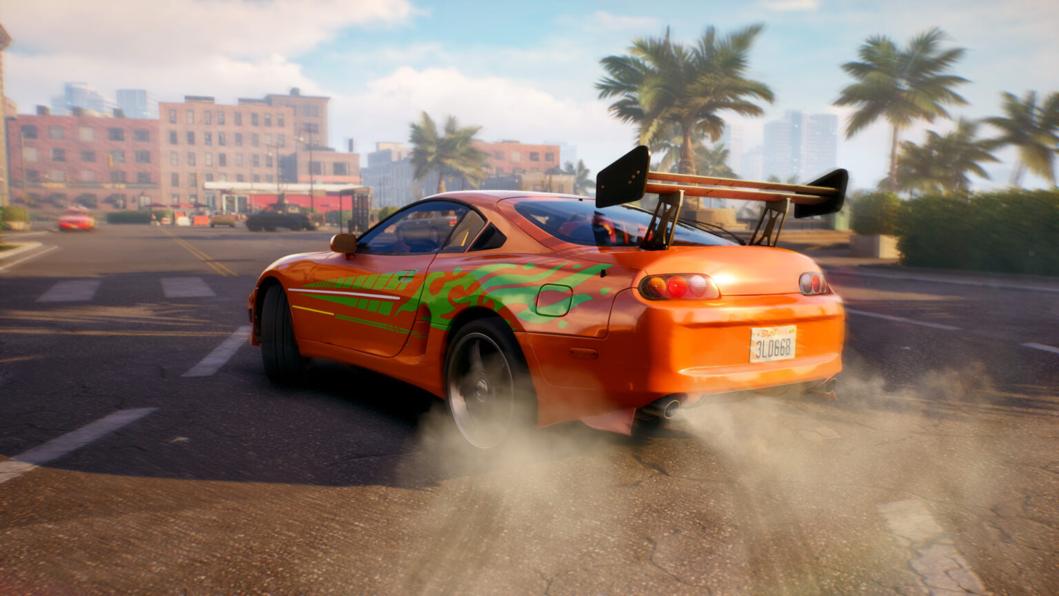 Toyota Supra arancione in derapata in Stuntman Hollywood