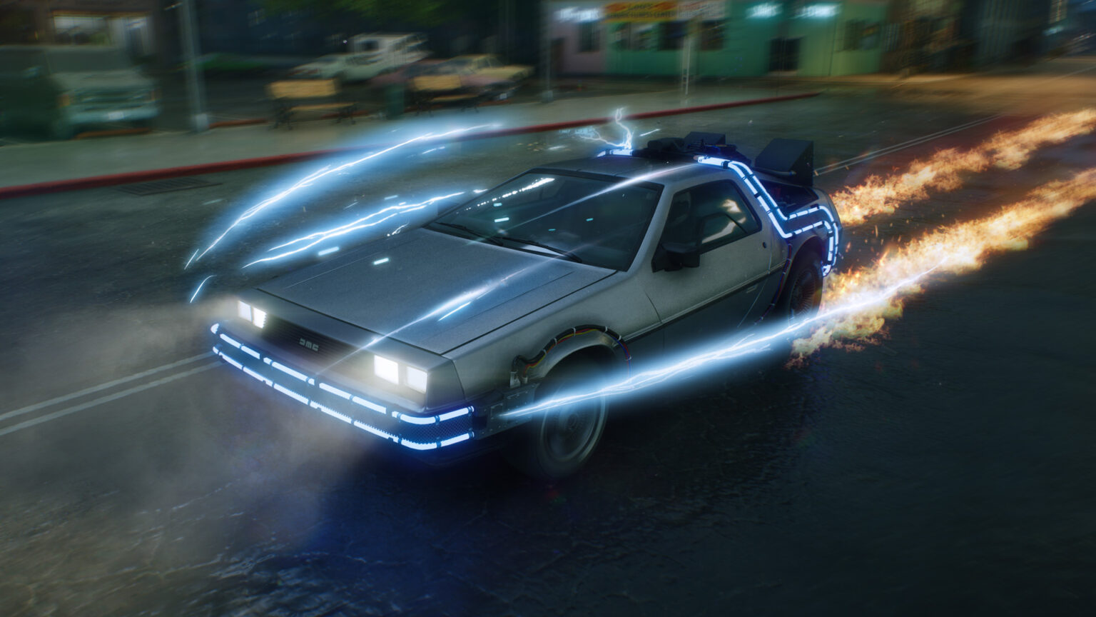 DeLorean con effetti temporali in Stuntman Hollywood